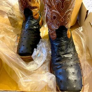 Boulet Black Ostrich Square Toe Cowboy Boots. Size, 9D